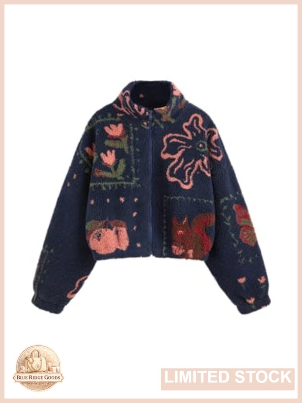 Sherpa Fleece Floral Graphic Zip Jacket Cropped Winter Coat